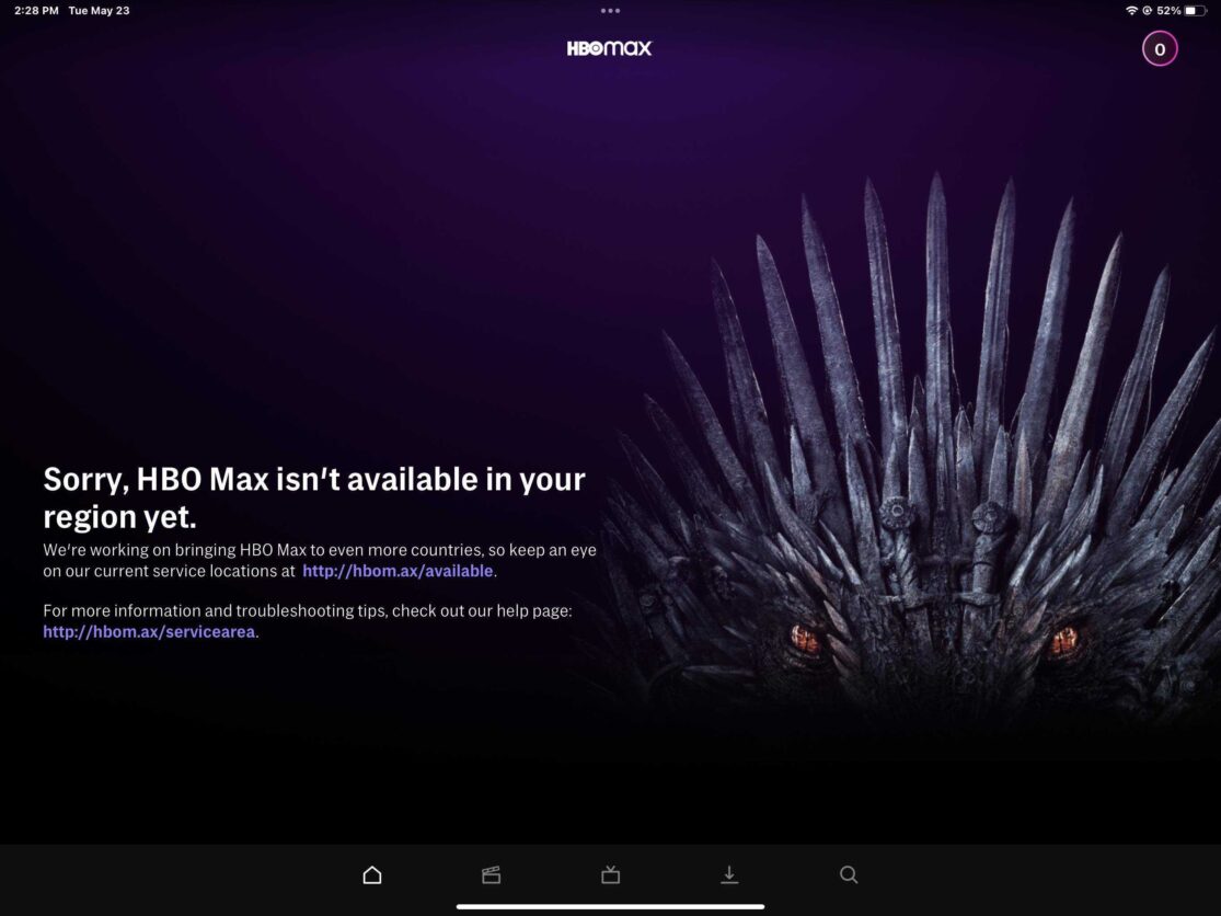 A purple iPad page with the "HBO Max" logo at the top and a message that says "Sorry, HBO Max isn't available in your region yet.